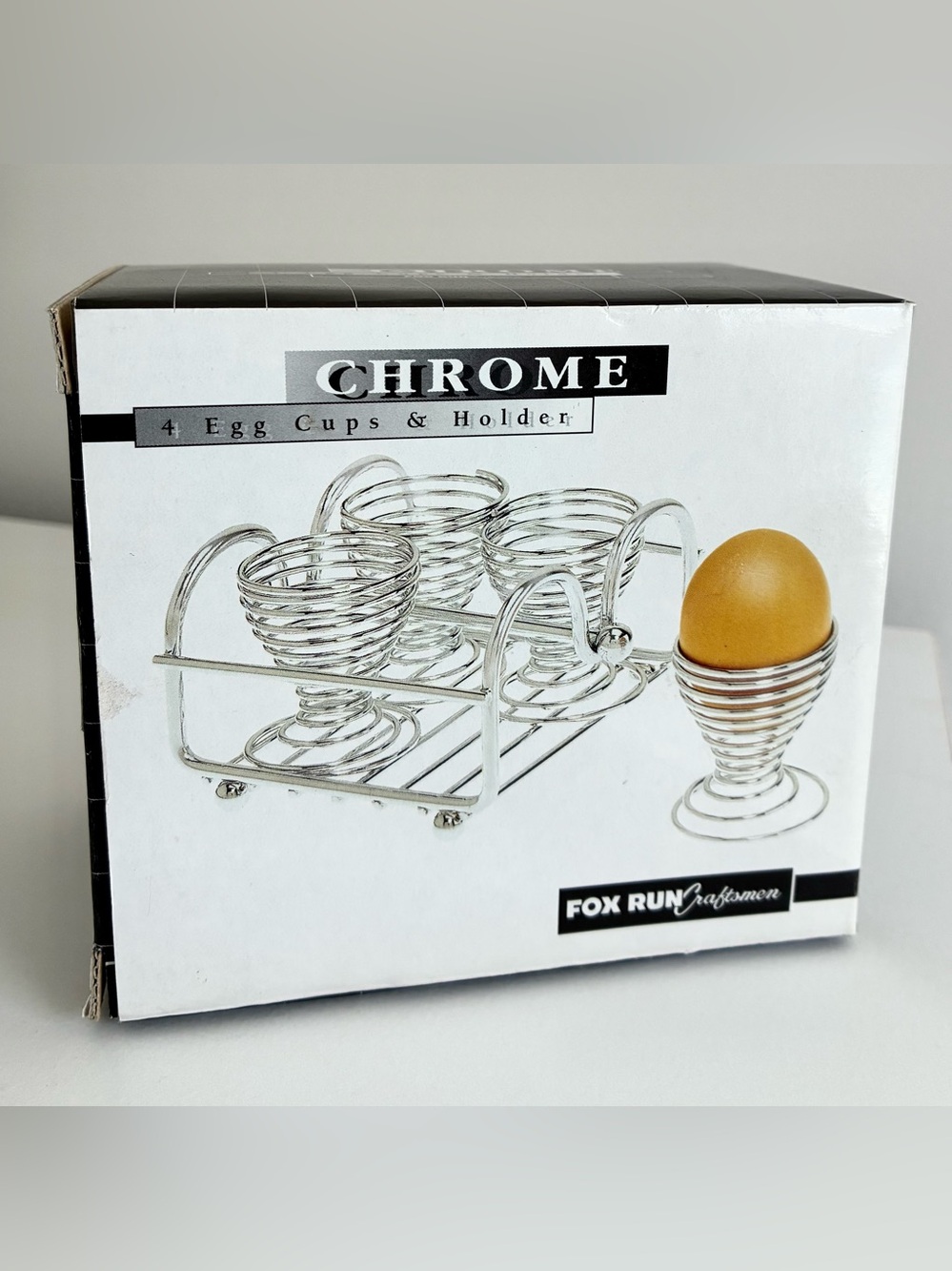 Set of 4 Chrome Spiral Egg Cups & Carrying Caddy by Fox Run Craftsmen Retro